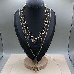 Lucky brand long brass chain pendant necklace + free extra boho layered look
